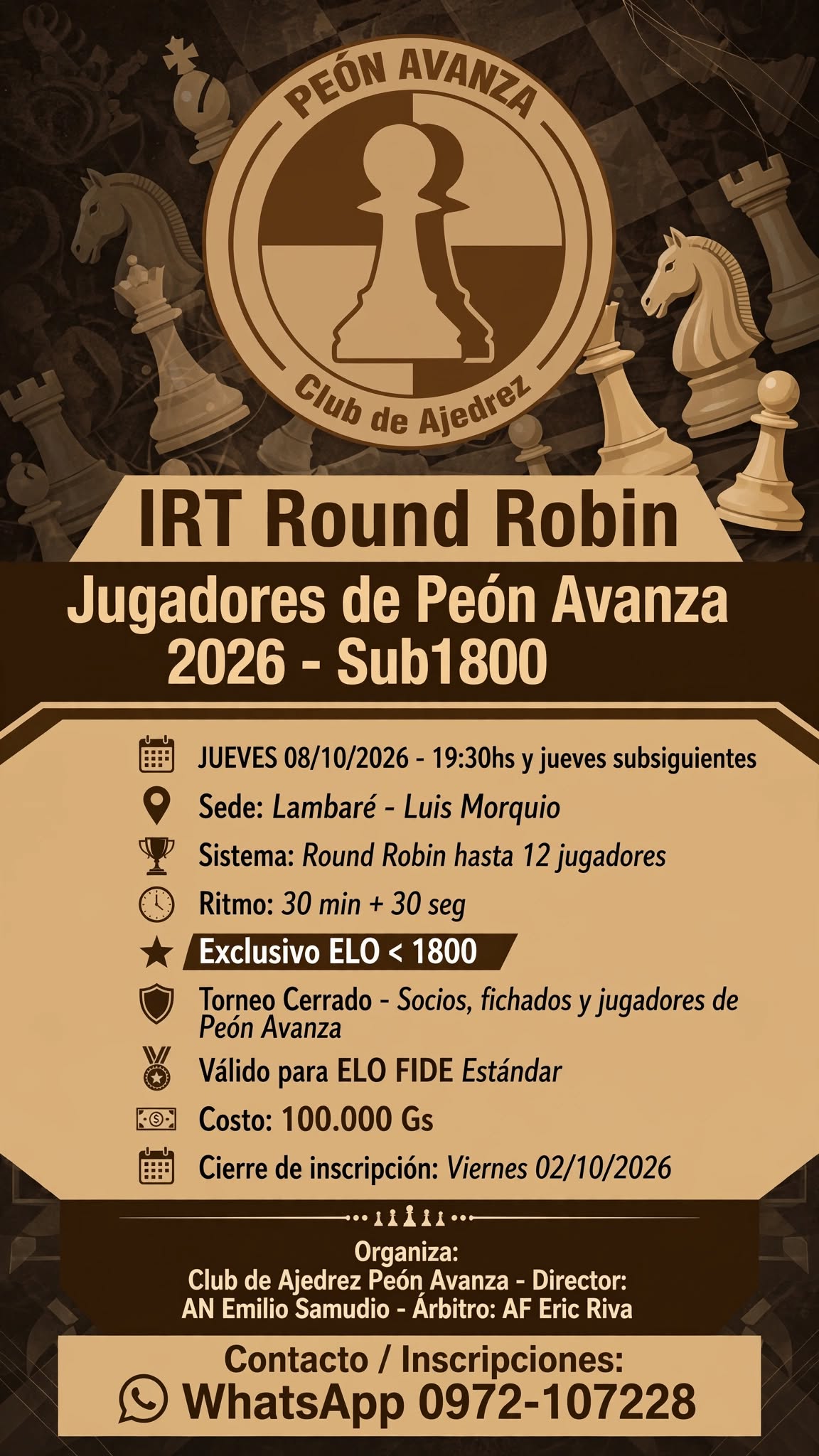 Flyer del IRT Round Robin Jugadores de Peón Avanza 2026 Sub1800 del jueves